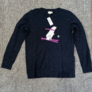 LOFT Navy Speckled Sweater with White Penguin and Pink Accents